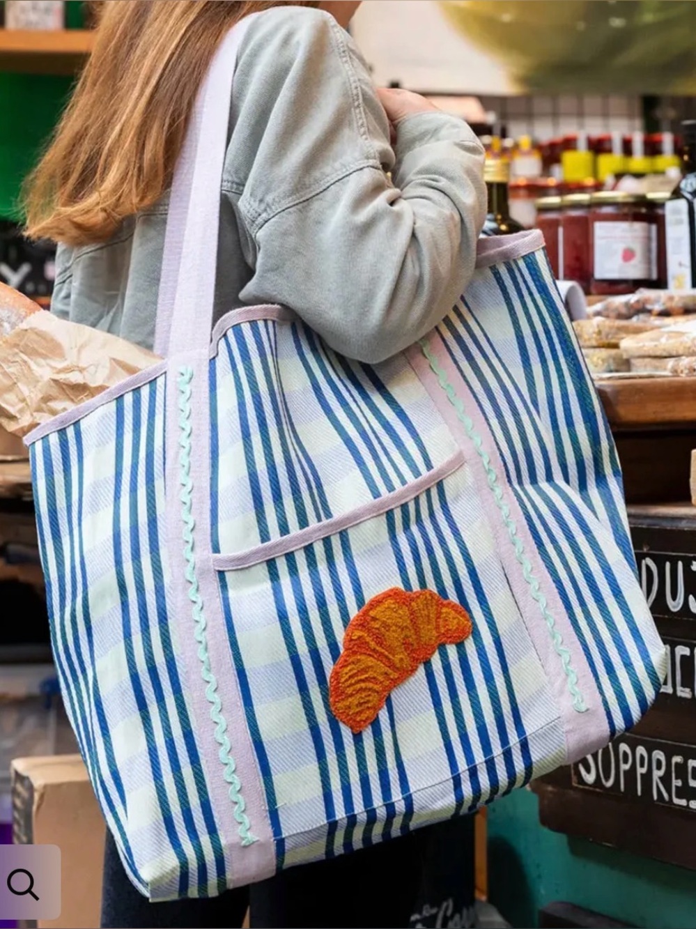 NWT Bon Appetit Recycled Plastic Tote Bag Croissant Talking Tables Striped Bag